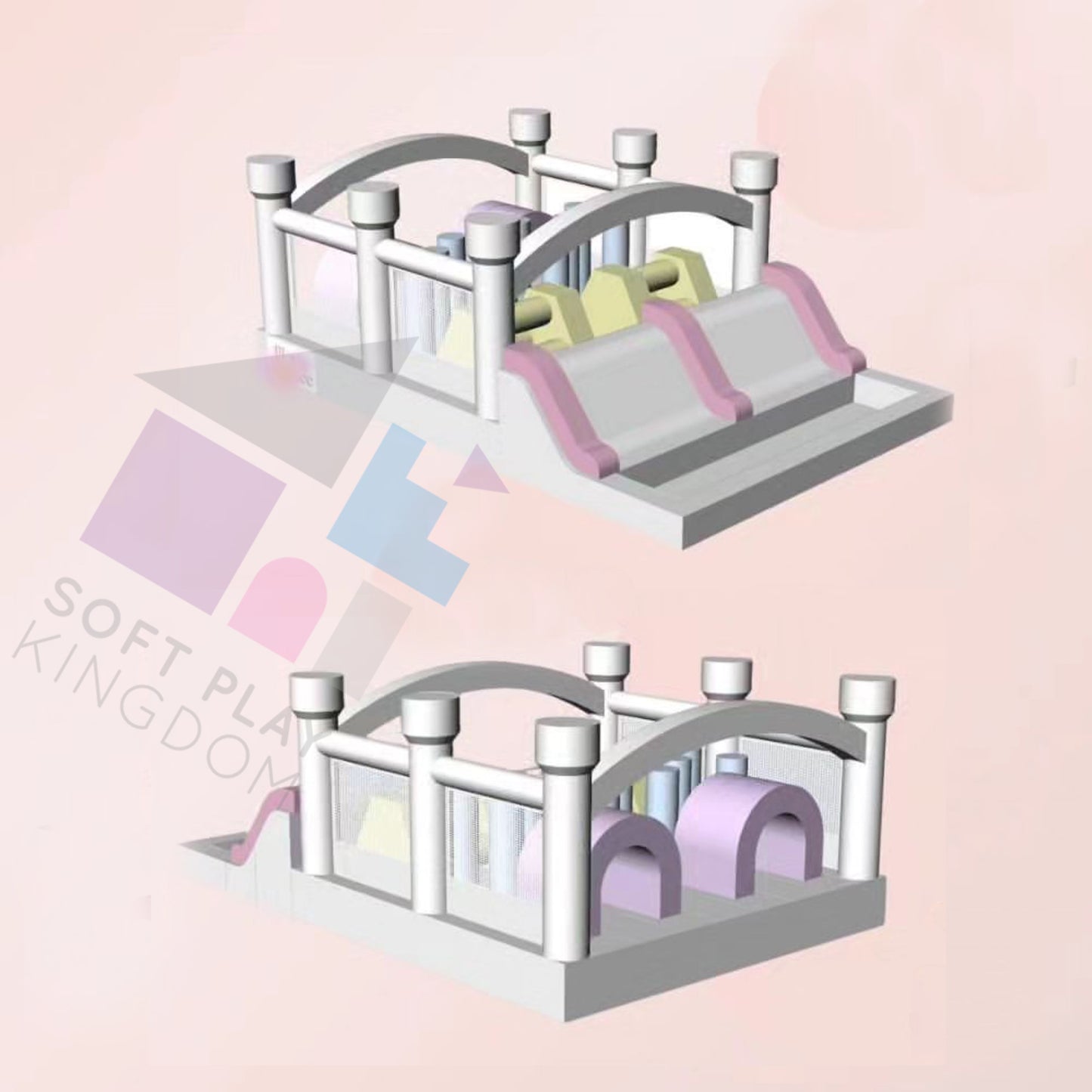 The Play Palace | Maxi Inflatable Wet/Dry Obstacle Course, White & Pastel, 20x13ft