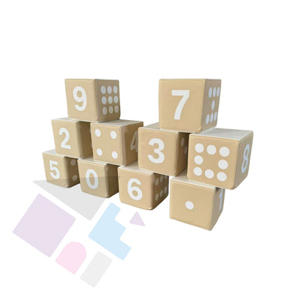 Numbered Soft Play Small Counting Dice Cubes (20cm Foam Building Blocks) Set of 10, Beige & White
