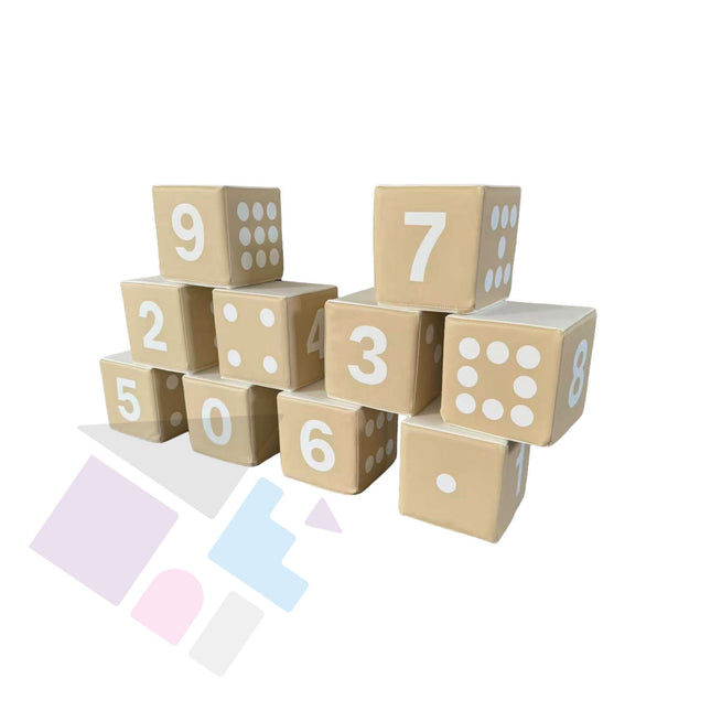 Numbered Soft Play Small Counting Dice Cubes (20cm Foam Building Blocks) Set of 10, Beige & White