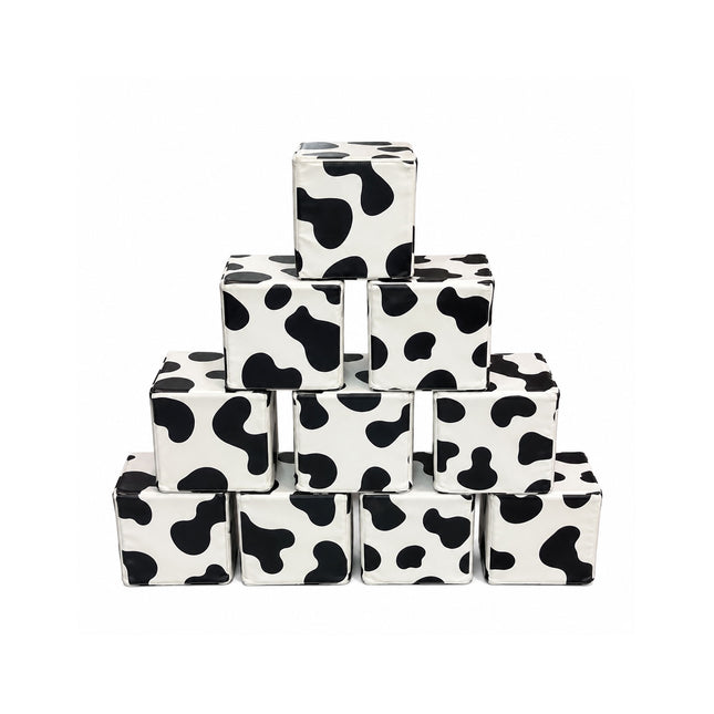 Soft Play Small Stacking Cubes (20cm Foam Building Blocks) Set of 10, Black & White Cow Print