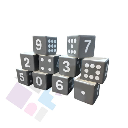 Numbered Soft Play Small Counting Dice Cubes (20cm Foam Building Blocks) Set of 10, Grey & White