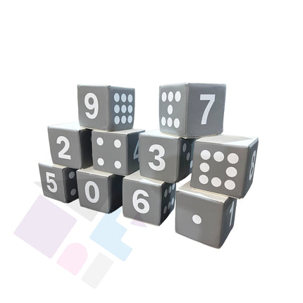 Numbered Soft Play Small Counting Dice Cubes (20cm Foam Building Blocks) Set of 10, Grey & White