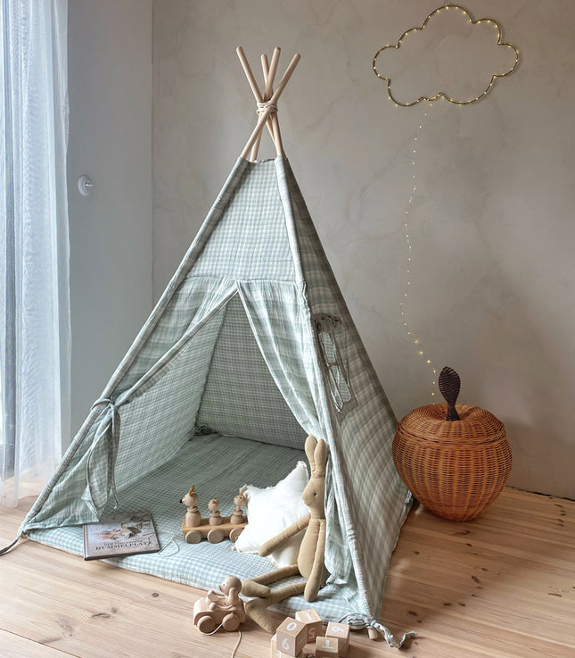 Gingham Teepee with Mat, Mint