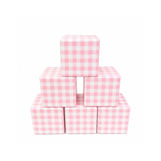 Soft Play Small Stacking Cubes (20cm Foam Building Blocks) Set of 10, Pastel Pink Plaid