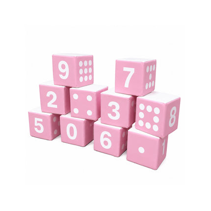 Numbered Soft Play Small Counting Dice Cubes (20cm Foam Building Blocks) Set of 10, Pastel Pink & White