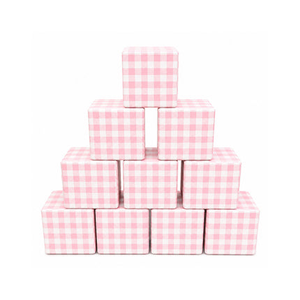 Soft Play Small Stacking Cubes (20cm Foam Building Blocks) Set of 10, Pastel Pink Plaid