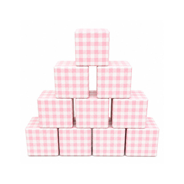 Soft Play Small Stacking Cubes (20cm Foam Building Blocks) Set of 10, Pastel Pink Plaid