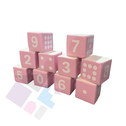 Numbered Soft Play Small Counting Dice Cubes (20cm Foam Building Blocks) Set of 10, Pastel Pink & White