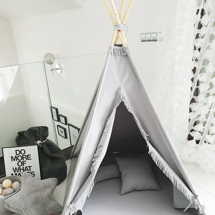 Fringe Teepee Tent, Mat & Cushions, Grey