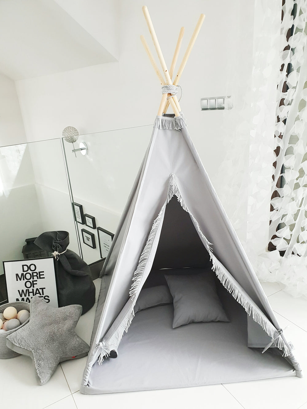 Fringe Teepee Tent, Mat & Cushions, Grey