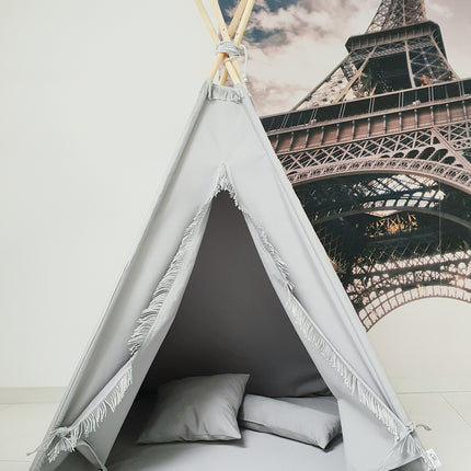 Fringe Teepee Tent, Mat & Cushions, Grey
