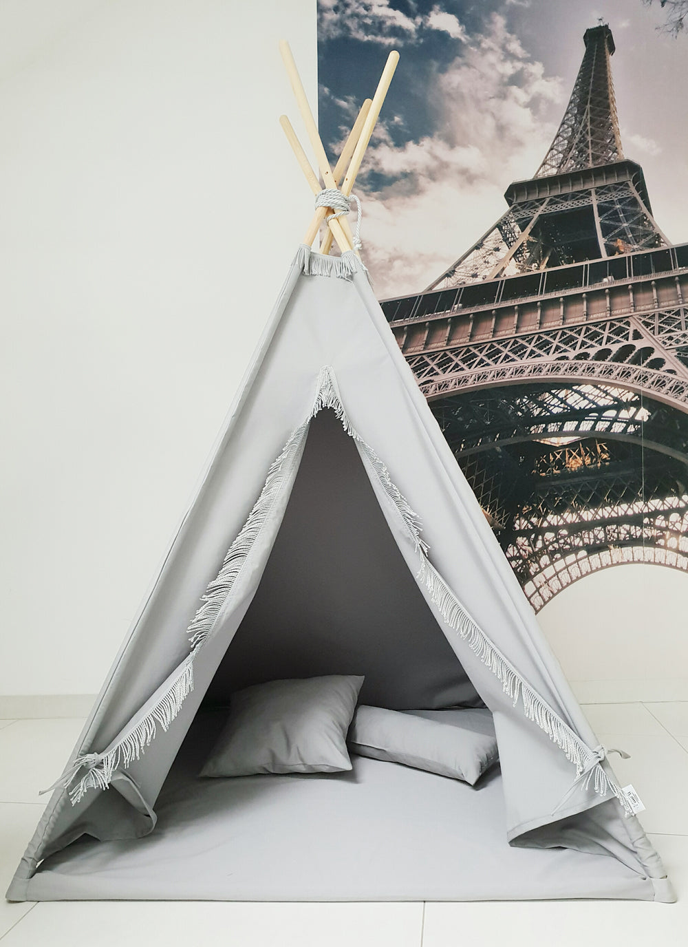 Fringe Teepee Tent, Mat & Cushions, Grey