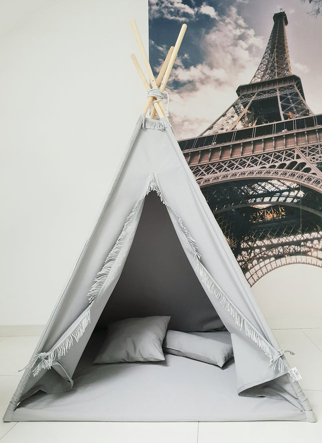 Fringe Teepee Tent, Mat & Cushions, Grey