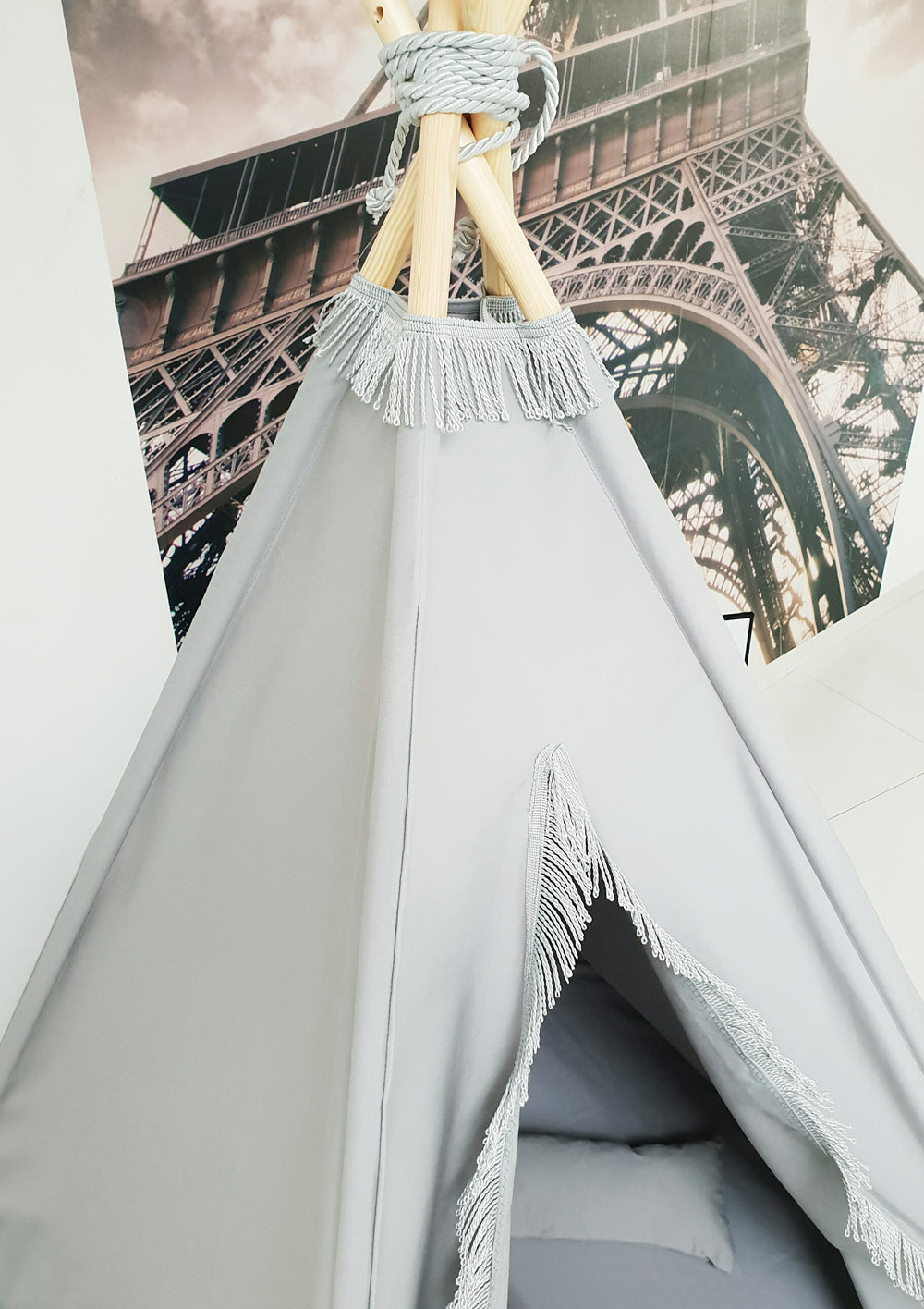 Fringe Teepee Tent, Mat & Cushions, Grey