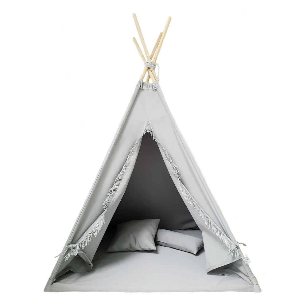 Fringe Teepee Tent, Mat & Cushions, Grey